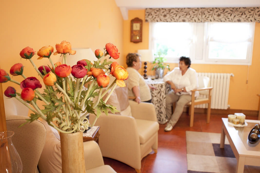  Bi egoiliar mahai baten inguruan solasean ari dira tutoretzapeko apartamentu batean eta lehenengo eta behin lore-damo bat